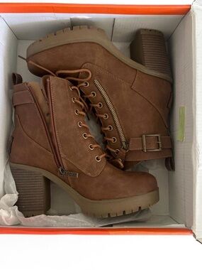 Refresh Brown Lace-Up Block Heel Ankle Boots with Buckle
